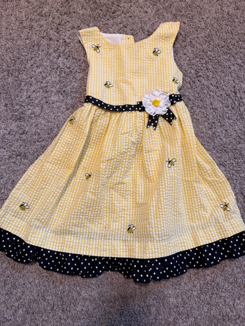 Yellow Bee Embroidered Girls' Sundress with Polka Dot Belt